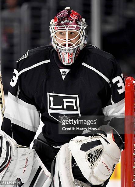 Thomas McCollum in goal during a preseason game against the Anaheim Ducks at Staples Center on September 28, 2016 in Los Angeles, California.