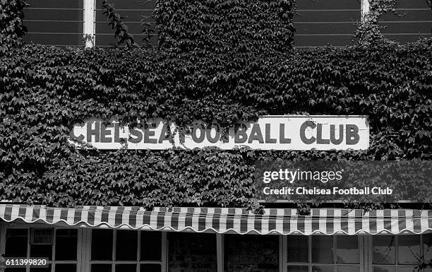 Signage below the first floor of the ivy-clad building which housed Chelsea FC's main offices, Stamford Bridge, in 1977. Main Office