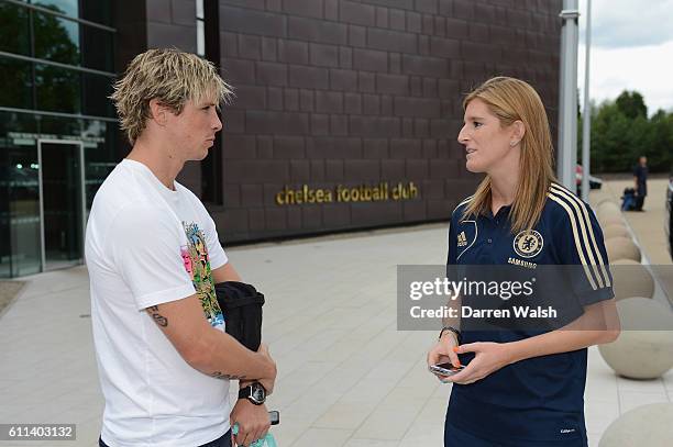 Chelsea's Fernando Torres meets Chelsea Ladies new signing Adriana Martin after a training session at the Cobham Training Ground on 23rd August 2012...