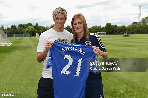 Chelsea's Fernando Torres meets Chelsea Ladies new signing Adriana Martin after a training session at the Cobham Training Ground on 23rd August 2012...