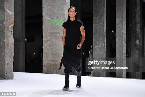 Designer Rick Owens walks the runway during the Rick Owens show as part of the Paris Fashion Week Womenswear Spring/Summer 2017 on September 29, 2016...