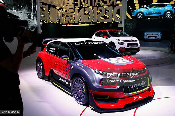 The new Citroen C3 racing automobile sits on display during the first press day of the Paris Motor Show on September 29 in Paris, France. The Paris...