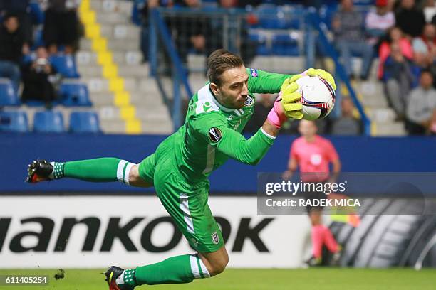 S goalkeeper Panagiotis Glykos saves the ball during the UEFA Europa League first-leg football match between AC Sparta Prague and FC Slovan Liberec...