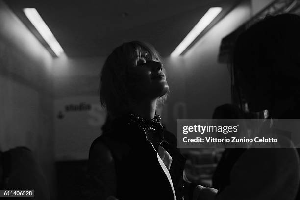 Model poses backstage prior the Ann Demeulemeester show as part of the Paris Fashion Week Womenswear Spring/Summer 2017 on September 29, 2016 in...