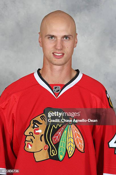 Viktor Svedberg of the Chicago Blackhawks poses for his official headshot for the 2016-2017 season on September 21, 2016 at the United Center in...