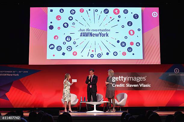 Dyllan McGee, Dr. Mehmet Oz, and Martha Stewart speak onstage at the Good Health is Good Business panel at The Town Hall during 2016 Advertising Week...