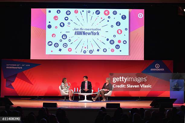 Dyllan McGee, Dr. Mehmet Oz, and Martha Stewart speak onstage at the Good Health is Good Business panel at The Town Hall during 2016 Advertising Week...