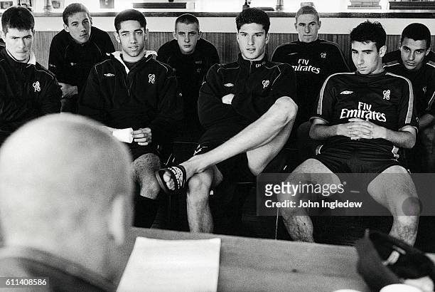 Premier League referee Dermot Gallagher lectures the Chelsea youth team on the rules of football. Chelsea youth team