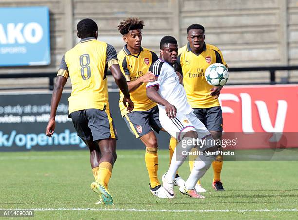 Neftali Manzambi of FC Basel U19s holds of Arsenal defence during UEFA Youth League match between Arsenal Under 19s and FC Basel Under 19s at Boreham...