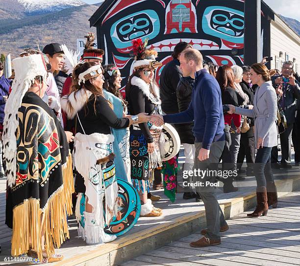 Prince William, Duke of Cambridge and Catherine, Duchess of Cambridge meet a peformers after watching a cultural welcome on September 28, 2016 in...