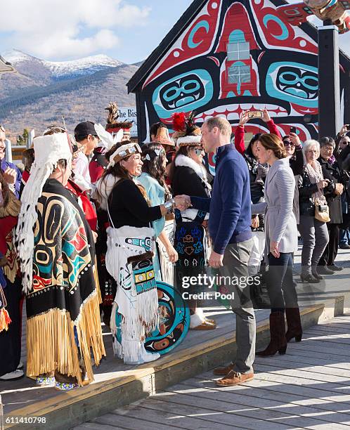 Prince William, Duke of Cambridge and Catherine, Duchess of Cambridge meet a peformers after watching a cultural welcome on September 28, 2016 in...