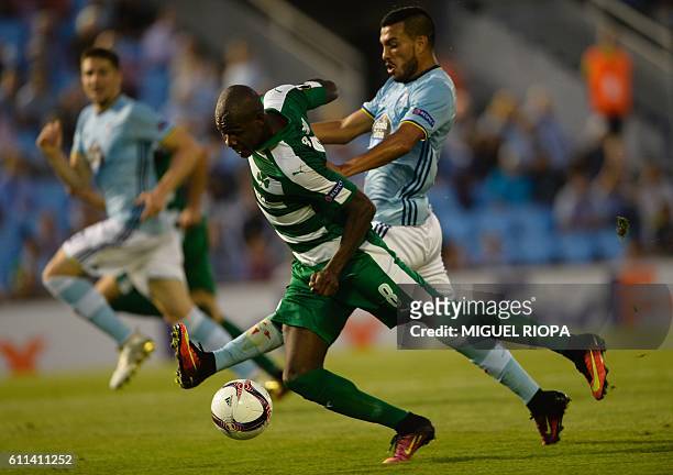 Panathinaikos' Colombian forward Victor Ibarbo vies with Celta Vigo's Argentinian defender Gustavo Cabral during the Europa League Group G football...