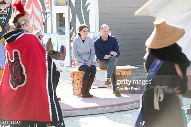 Prince William, Duke of Cambridge and Catherine, Duchess of Cambridge watch a cultural welcome on September 28, 2016 in Carcross, Canada.