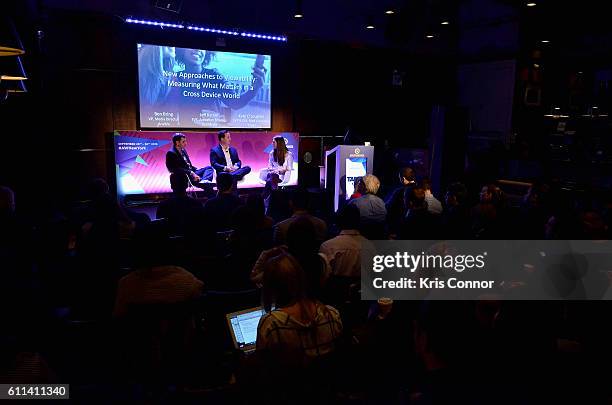 Jeff Ratner, Benjamin Bring and Kate O'Loughlin onstage during the New Approaches to Viewability: Measuring What Matters in a Cross-Device World...