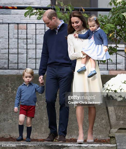Catherine, Duchess of Cambridge, Princess Charlotte of Cambridge, Prince George of Cambridge and Prince William, Duke of Cambridge arrive for a...