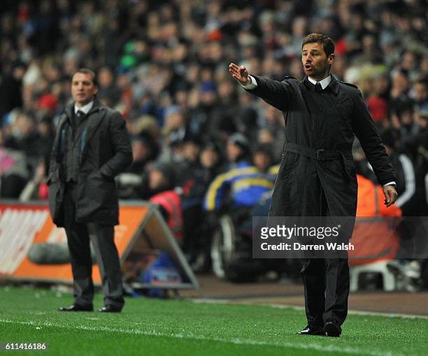 Andre Villas-Boas, manager of Chelsea gives instructions watched by Brendan Rodgers, manager of Swansea City during the Barclays Premier League match...