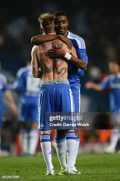 Raul Meireles of Chelsea celebrates with Salomon Kalou during the UEFA Champions League Quarter Final second leg match between Chelsea FC and SL...