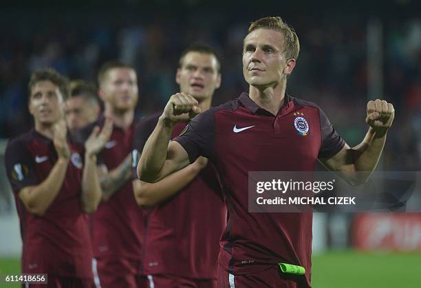 Borek Dockal of AC Sparta Praha celebrates with his team mates after the UEFA Europa League first-leg football match between AC Sparta Prague and FC...