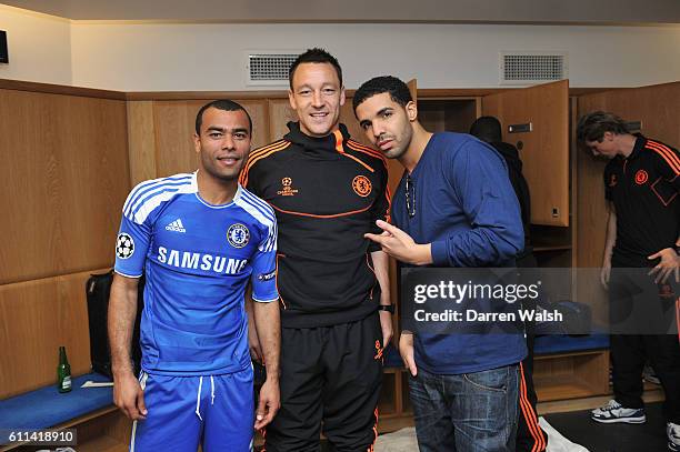 Rapper Drake in the dressing room with Ashley Cole, John Terry after the UEFA Champions League Quarter Final second leg match between Chelsea FC and...