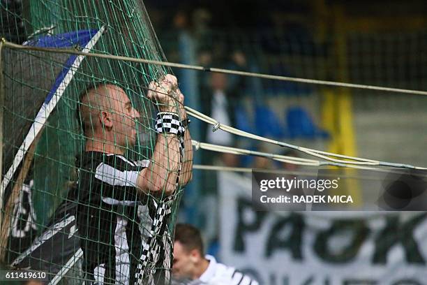 S fans celebrate the 2-1 goal during the UEFA Europa League first-leg football match between AC Sparta Prague and FC Slovan Liberec and PAOK FC in...