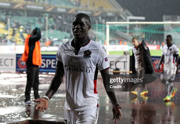 Nice's French defender Malang Sarr reacts after the UEFA Europa League group I football match between FC Krasnodar and OGC Nice in Krasnodar on...