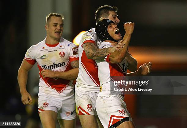 Jonny Lomax of St Helens celebrates after scoring their first try during the First Utility Super League Semi Final match between Warrington Wolves...