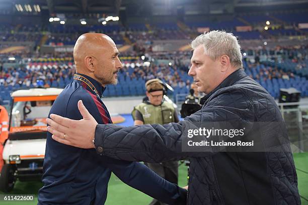 Roma coach Luciano Spalletti and FC Astra Giurgiu coach Marius Sumudica before the UEFA Europa League match between AS Roma and FC Astra Giurgiu at...