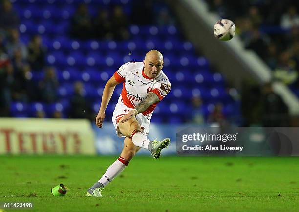 Luke Walsh of St Helens kicks a penalty during the First Utility Super League Semi Final match between Warrington Wolves and St Helens at The...