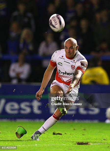 Luke Walsh of St Helens kicks a conversion during the First Utility Super League Semi Final match between Warrington Wolves and St Helens at The...