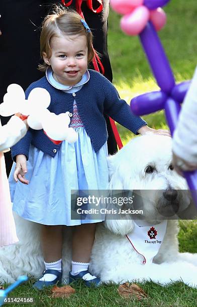 Princess Charlotte of Cambridge plays with a dog at a children's party for Military families during the Royal Tour of Canada on September 29, 2016 in...