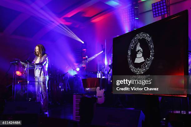 Host Gloria Calzada speaks ontstage during the Latin Grammy Acoustic Sessions Mexico City 2016 at Casa Del Lago Chapultepec on September 28, 2016 in...