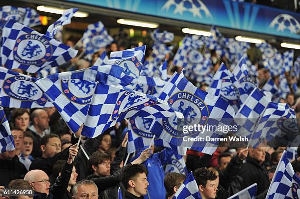 Chelsea flags during the UEFA Champions League round of 16 second leg match between Chelsea FC and SSC Napoli Stamford Bridge on March 14, 2012 in...