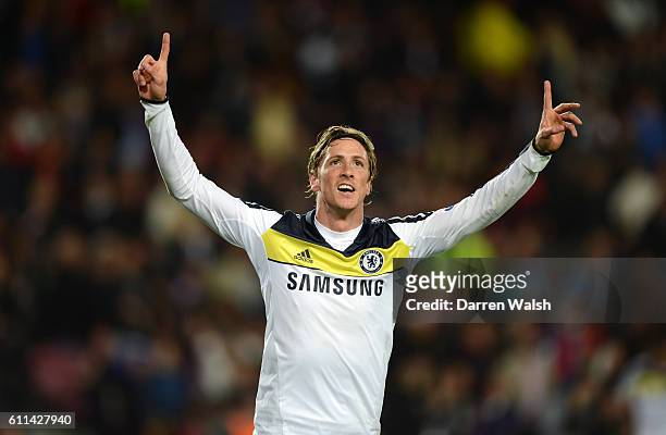 Fernando Torres of Chelsea celebrates scoring their second goal during the UEFA Champions League Semi Final, second leg match between FC Barcelona...