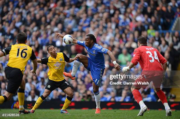 Didier Drogba of Chelsea controls the ball during the Barclays Premier League match between Chelsea and Blackburn Rovers at Stamford Bridge on May...