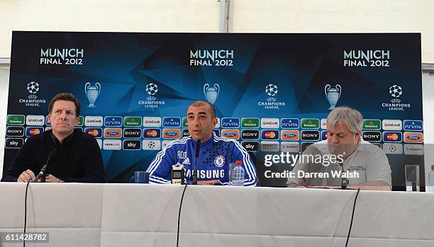 Steve Atkins, Roberto Di Matteo of Chelsea during a press conference at the Cobham training ground on May 15, 2012 in Cobham, England.