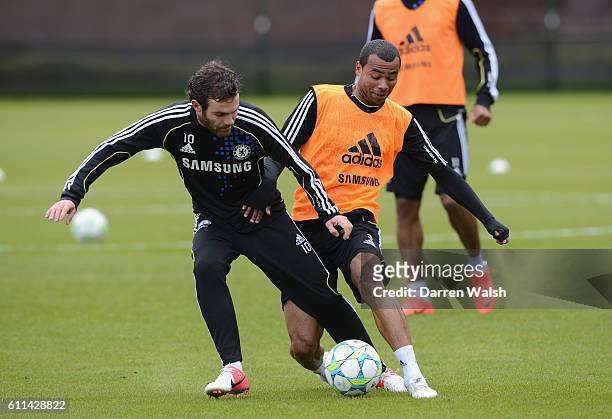 Juan Mata, Ashley Cole of Chelsea during a training session at the Cobham training ground on May 15, 2012 in Cobham, England.