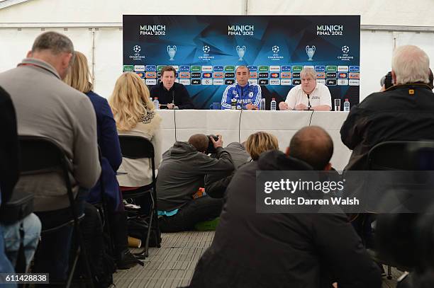 Steve Atkins, Roberto Di Matteo of Chelsea during a press conference at the Cobham training ground on May 15, 2012 in Cobham, England.