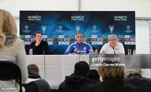 Steve Atkins, Roberto Di Matteo of Chelsea during a press conference at the Cobham training ground on May 15, 2012 in Cobham, England.