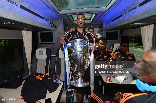 Jose Bosingwa on the way to the Chelsea victory parade following their UEFA Champions League and FA Cup victories on May 20, 2012 in London, England.