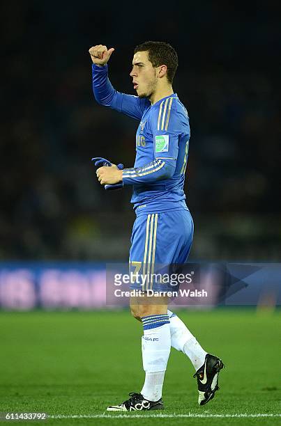 Chelsea's Eden Hazard celebrates victory by giving the thumbs up after the final whistle