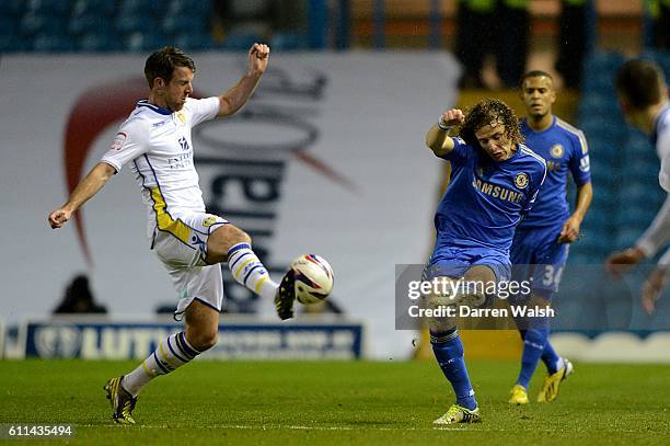 Leeds United's Michael Tonge and Chelsea's David Luiz in action