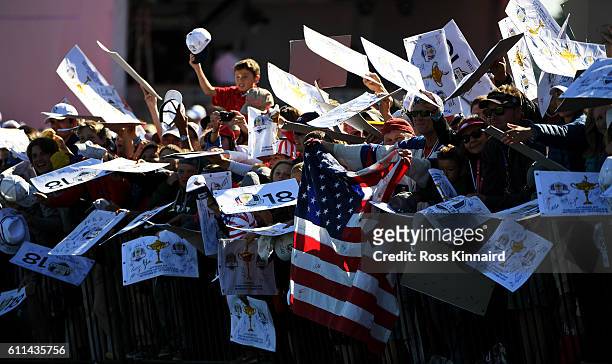 Fans await players for autographs during practice prior to the 2016 Ryder Cup at Hazeltine National Golf Club on September 29, 2016 in Chaska,...