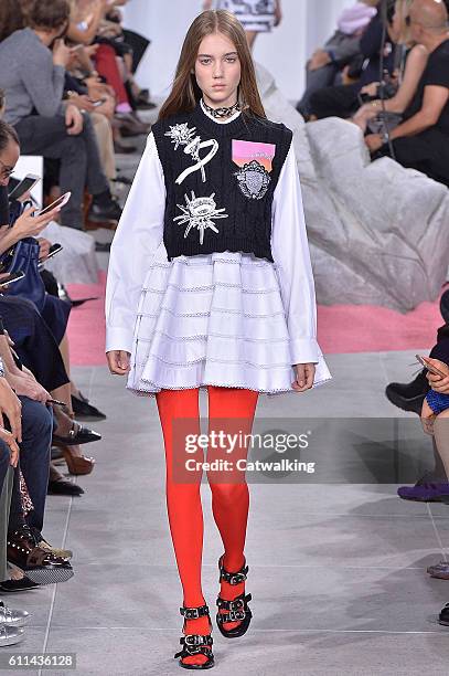 Model walks the runway at the Carven Spring Summer 2017 fashion show during Paris Fashion Week on September 29, 2016 in Paris, France.