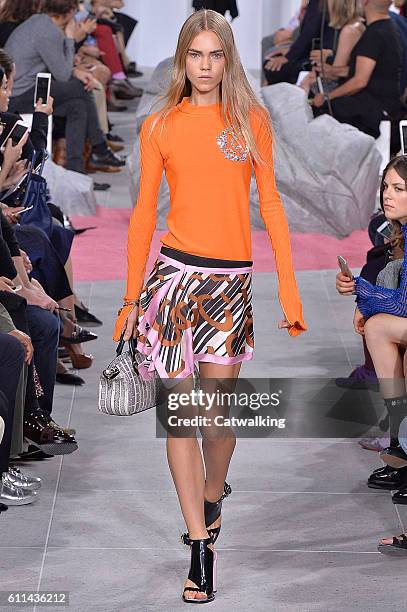 Model walks the runway at the Carven Spring Summer 2017 fashion show during Paris Fashion Week on September 29, 2016 in Paris, France.