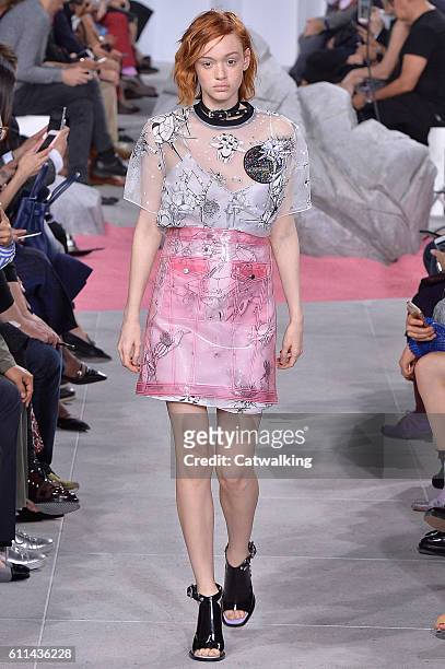 Model walks the runway at the Carven Spring Summer 2017 fashion show during Paris Fashion Week on September 29, 2016 in Paris, France.
