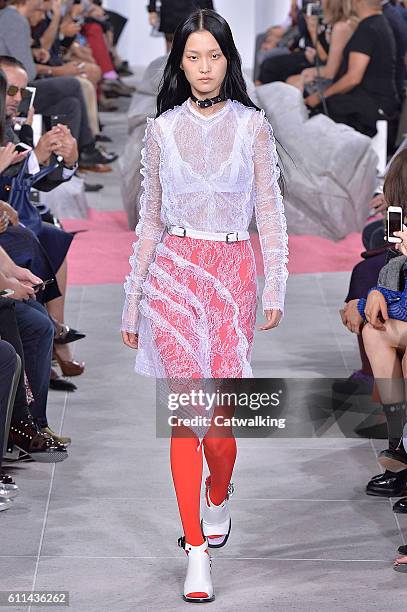 Model walks the runway at the Carven Spring Summer 2017 fashion show during Paris Fashion Week on September 29, 2016 in Paris, France.