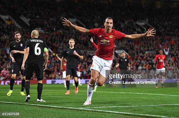 Zlatan Ibrahimovic of Manchester United celebrates after scoring the opening goal during the UEFA Europa League group A match between Manchester...