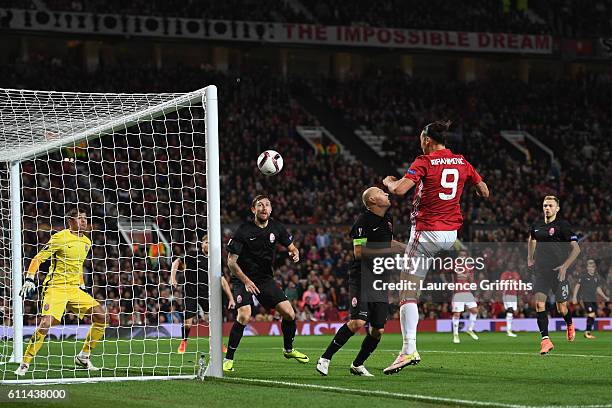 Zlatan Ibrahimovic of Manchester United scores the opening goal during the UEFA Europa League group A match between Manchester United FC and FC Zorya...