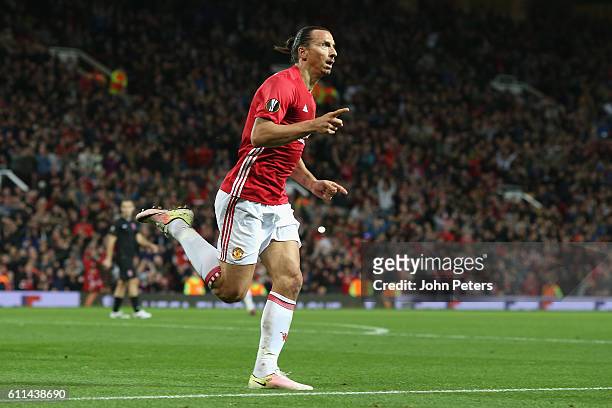 Zlatan Ibrahimovic of Manchester United celebrates scoring their first goalduring the UEFA Europa League match between Manchester United FC and FC...