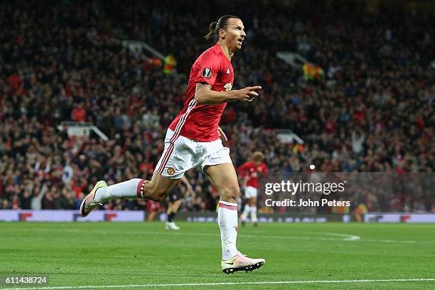 Zlatan Ibrahimovic of Manchester United celebrates scoring their first goalduring the UEFA Europa League match between Manchester United FC and FC...